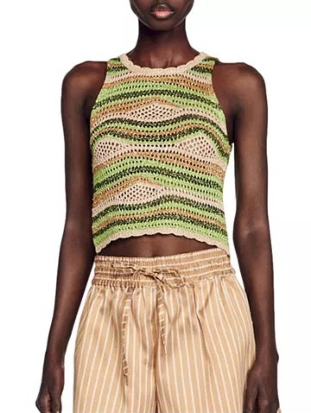 Sandro Open-Knit Sleeveless Top in Green, Tan & Olive Stripes NWT FR Sz 1